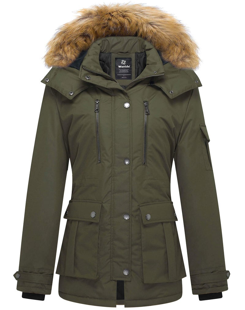 wantdo Women's Quilted Winter Coat Warm Puffer Jacket Thicken Parka with Removable Hood Army Green Large - Image 1